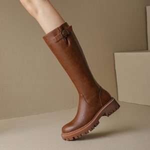 Women's Retro High Shaft Knight Boots with Belt Buckle and Metal Accents
