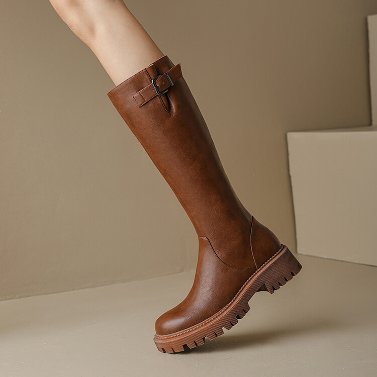 Women's Retro High Shaft Knight Boots with Belt Buckle and Metal Accents