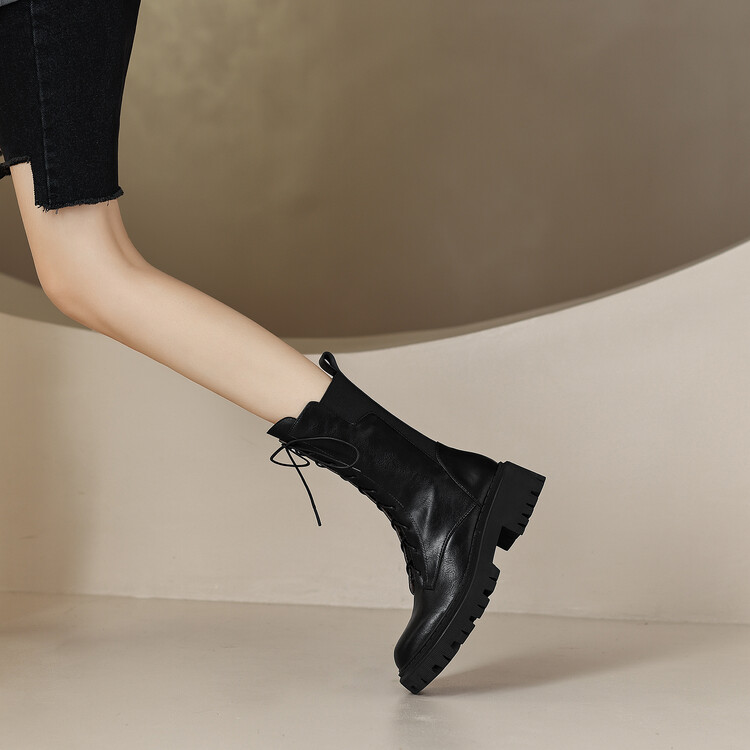 Women's Black Leather Mid-Calf Boots with Chunky Mid Heel and Side Zipper - Image 3