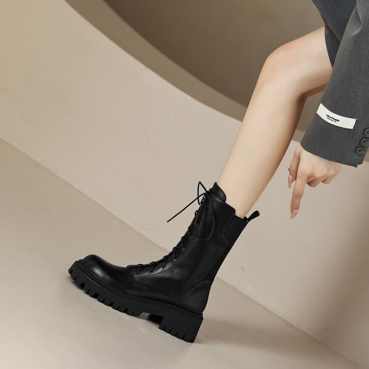 Women's Black Leather Mid-Calf Boots with Chunky Mid Heel and Side Zipper - Image 4