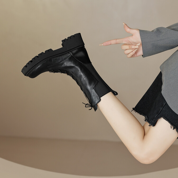 Women's Black Leather Mid-Calf Boots with Chunky Mid Heel and Side Zipper - Image 5