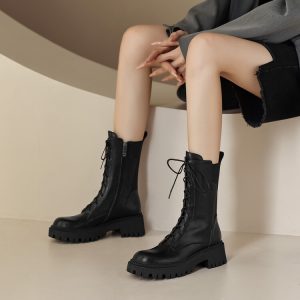 Women's Black Leather Mid-Calf Boots with Chunky Mid Heel and Side Zipper