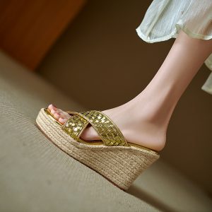 Women's Gold and Silver Leather Platform Wedge Flip Flops