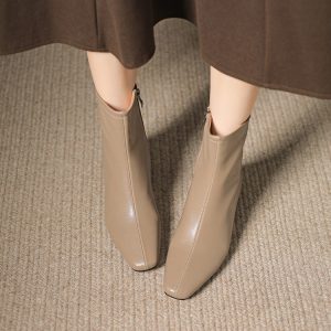Korean Style Square Toe Mid Heel Short Boots