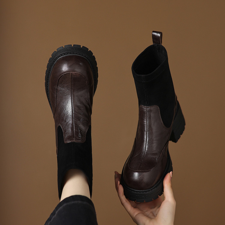 Stretch Sock Boots with Chunky Heel and Color Block Design