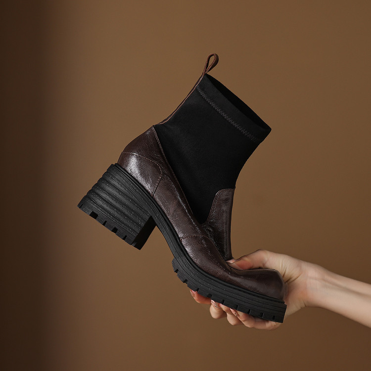 Stretch Sock Boots with Chunky Heel and Color Block Design - Image 2