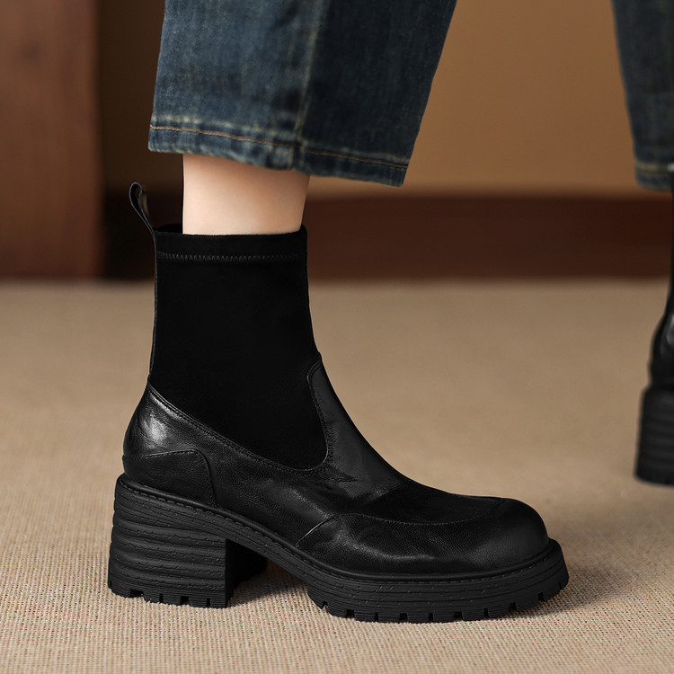 Stretch Sock Boots with Chunky Heel and Color Block Design - Image 4