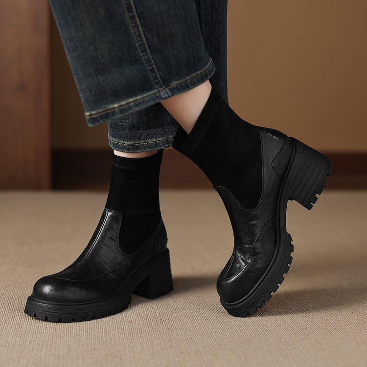 Stretch Sock Boots with Chunky Heel and Color Block Design - Image 3