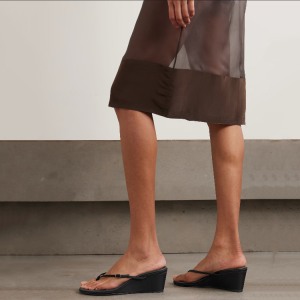 Women's Black Leather Flip Flops with Buckle Strap and Wedge Heel