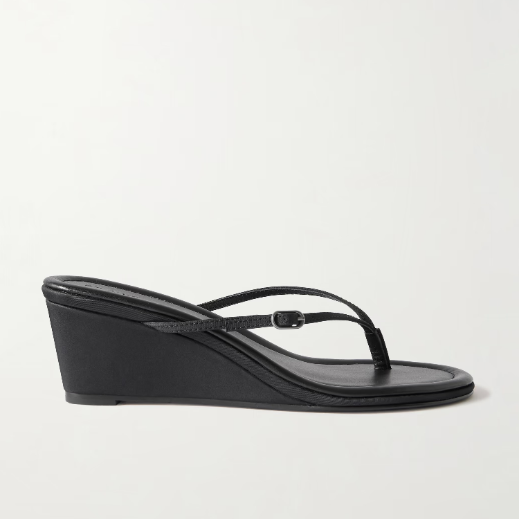 Women's Black Leather Flip Flops with Buckle Strap and Wedge Heel - Image 2