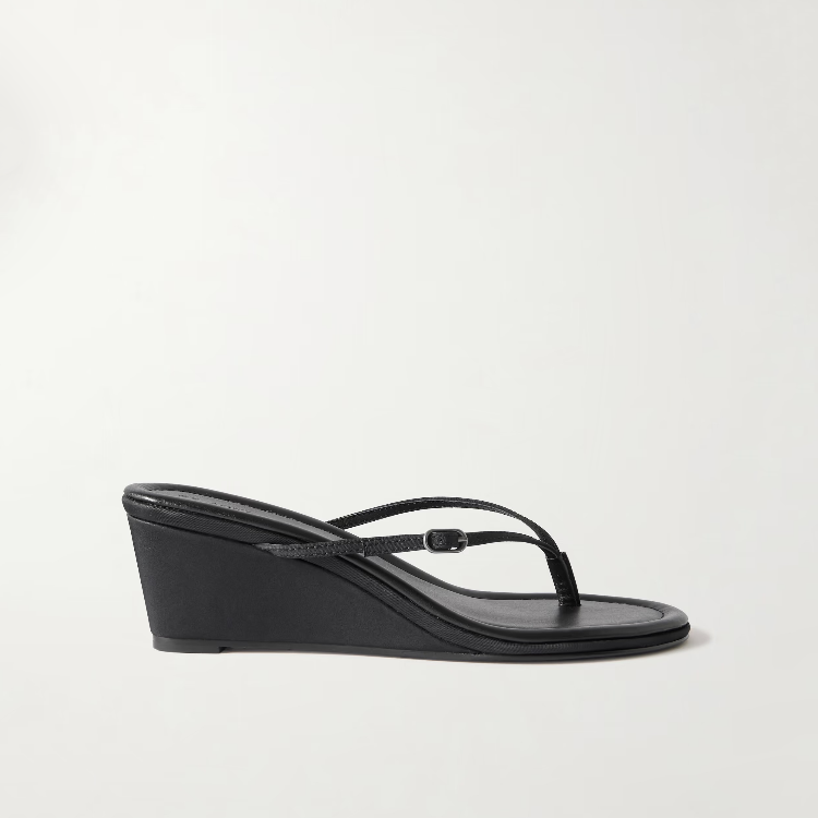 Women's Black Leather Flip Flops with Buckle Strap and Wedge Heel - Image 5