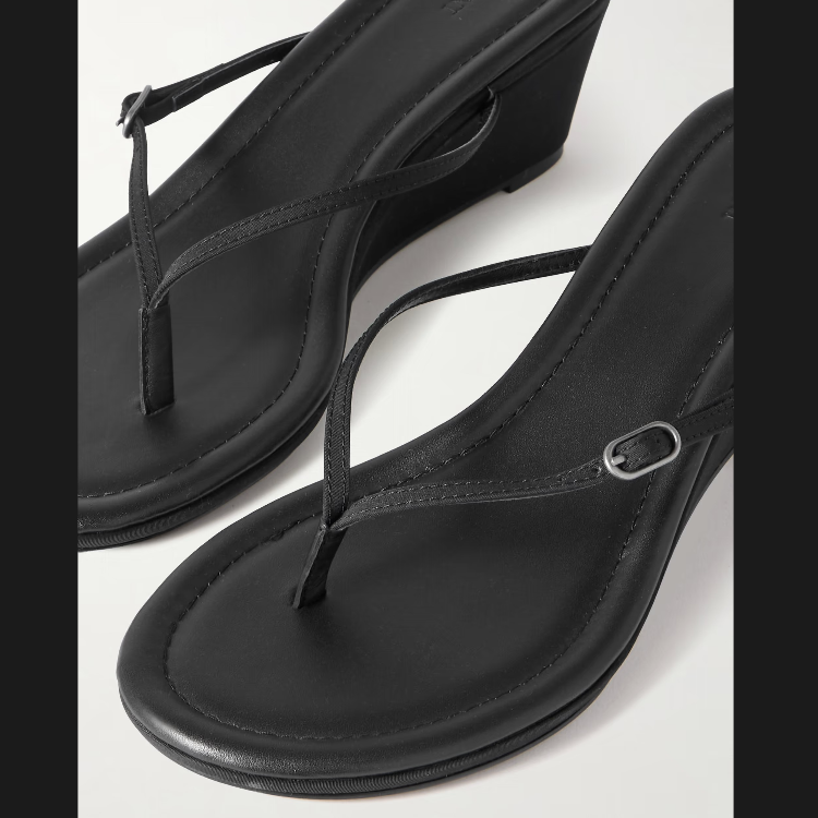 Women's Black Leather Flip Flops with Buckle Strap and Wedge Heel - Image 4