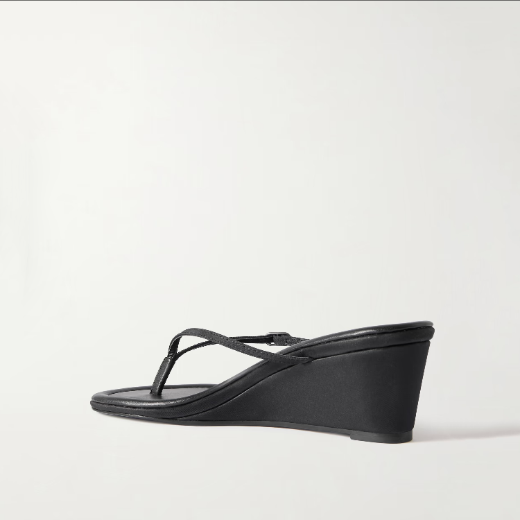 Women's Black Leather Flip Flops with Buckle Strap and Wedge Heel - Image 3