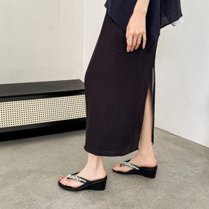 Women's Rhinestone Wedge Flip Flops - Leather Upper, Summer 2026